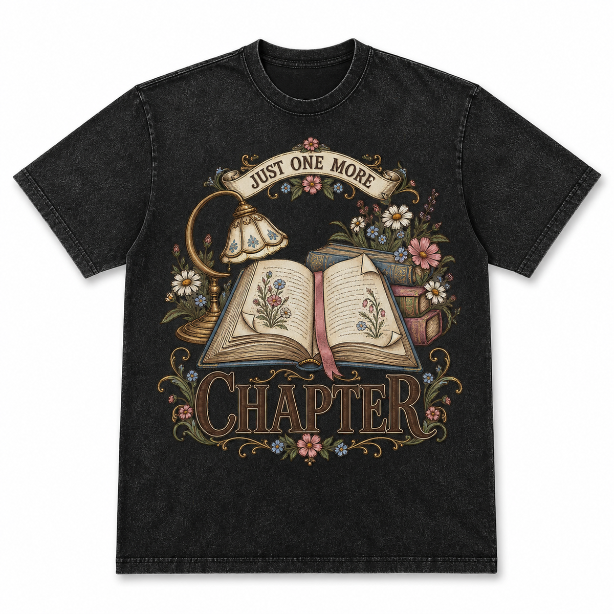 Just One More Chapter black mineral tee front