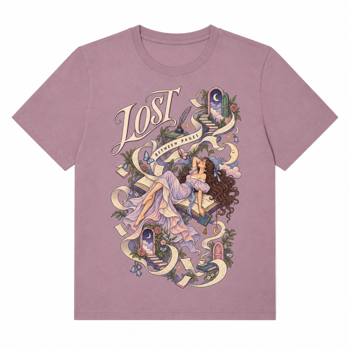 Lost Between Pages mauve boxy tee front