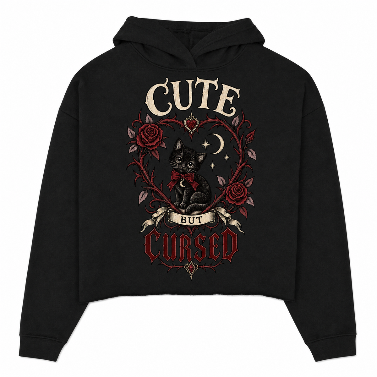 Cute But Cursed black women's cropped hoodie front with cat artwork