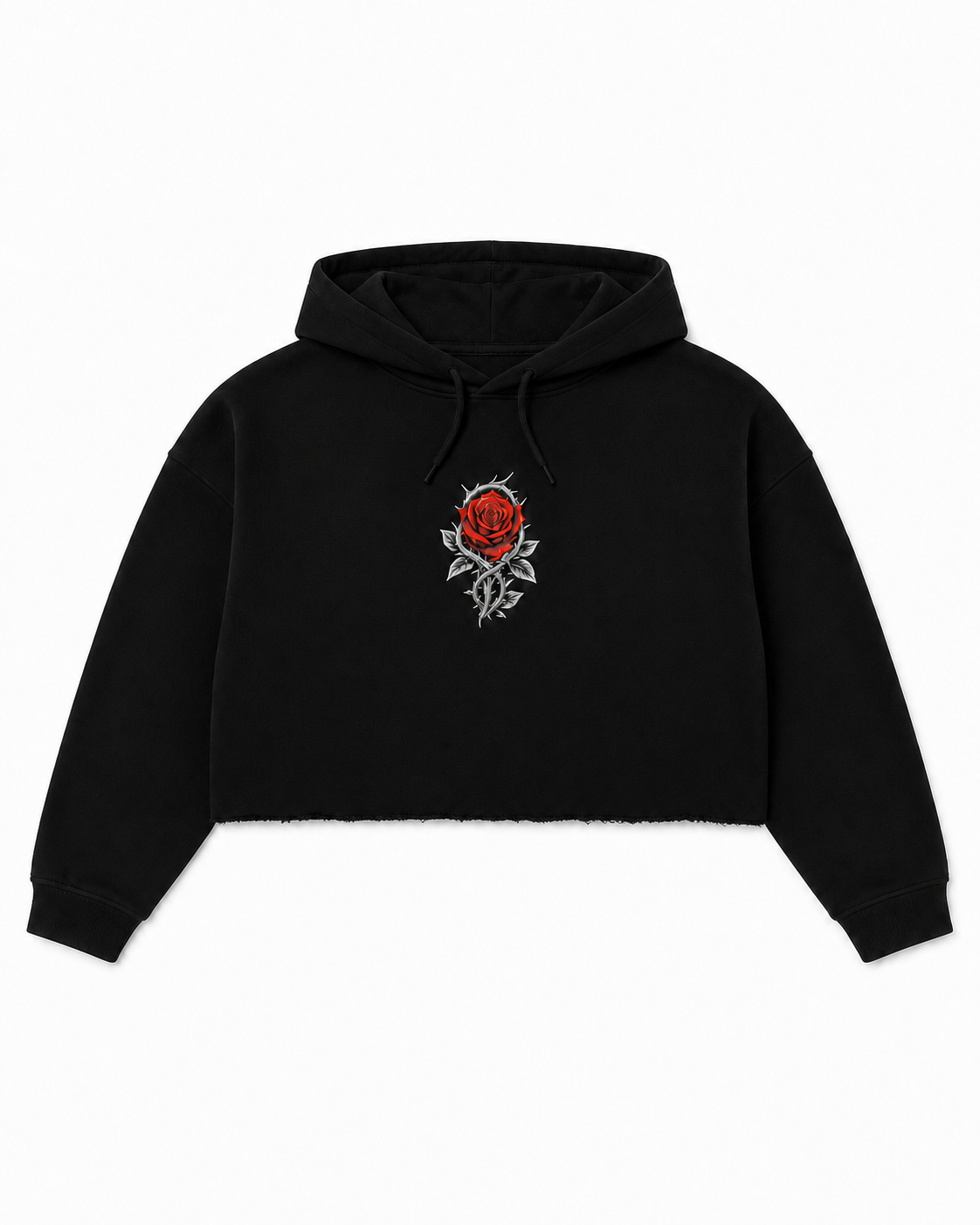 NOXZX Rebel Rose Cropped Hoodie front raw-cut edge