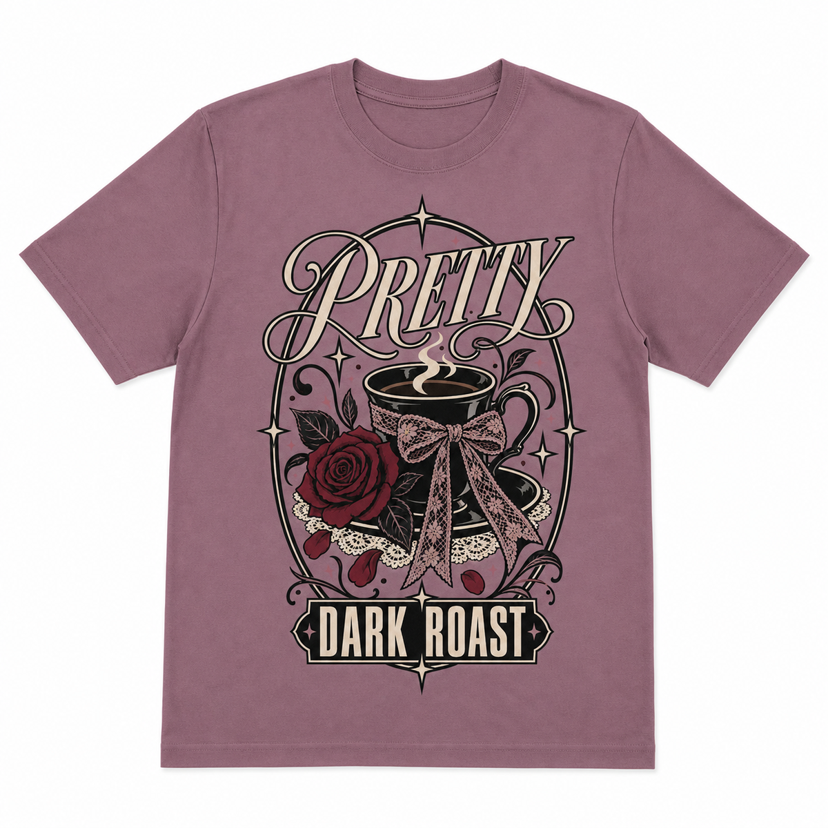 Pretty Dark Roast mauve women's boxy tee front with coffee artwork
