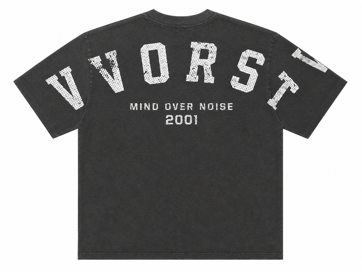 VVORST Mind Over Noise Tee gray back sleeve-to-sleeve print